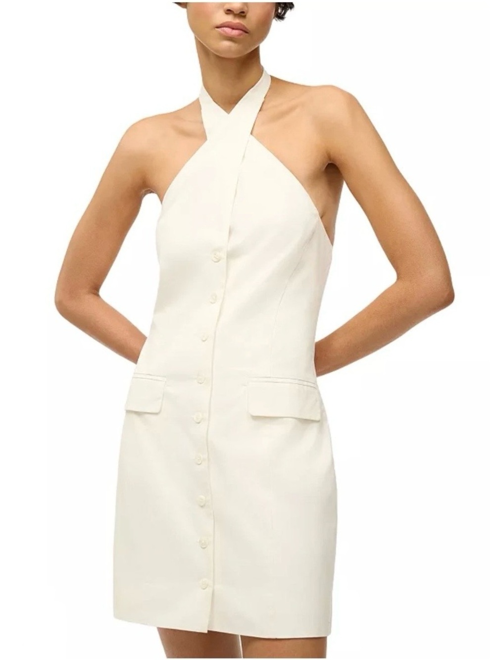 🌻NEW w/tag STAUD Haven Halter Mini Dress Ivory Button Down Tailored Size 4
